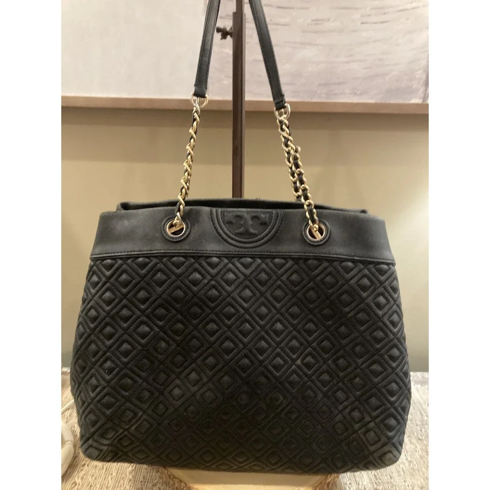 TORY BURCH QUILTED‎ FLEMING BLACK CHAIN TOTE BAG PURSE